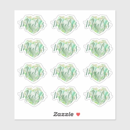 Name oder Monogram Green Heart Diamond Emerald hin Aufkleber (Blatt)