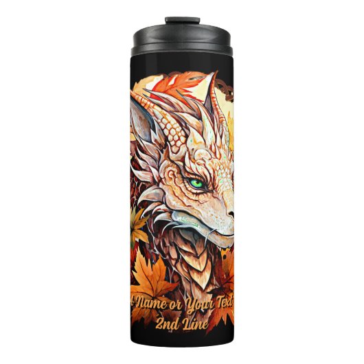 Name oder Text hinzufügen, Drache mit Herbstblätte Thermosbecher (Vorderseite)