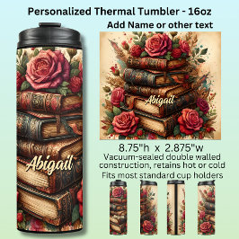 Name, Old Books & Roses Floral  Thermosbecher