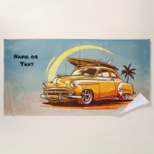 Name, Old Car with Surfboard & Palm Tree Strandtuch (Vorderseite)