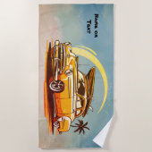 Name, Old Car with Surfboard & Palm Tree Strandtuch (Vorderseite)