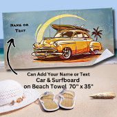 Name, Old Car with Surfboard & Palm Tree Strandtuch