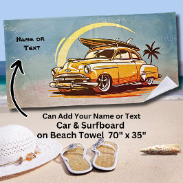 Name, Old Car with Surfboard & Palm Tree Strandtuch