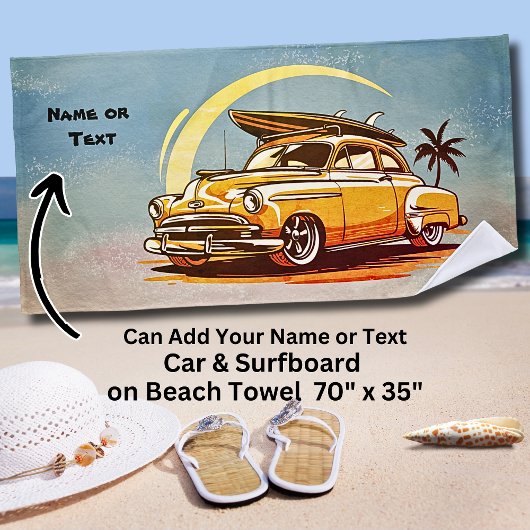 Name, Old Car with Surfboard & Palm Tree Strandtuch