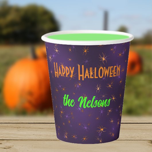 Name, Orange Creepy Spiders in Webs 8oz Pappbecher