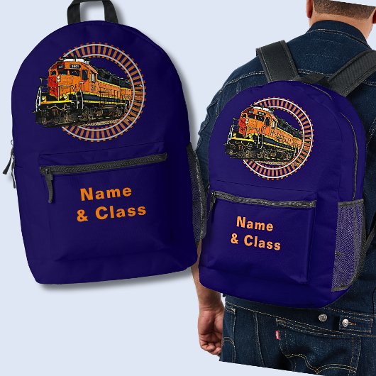 Name Orange Diesel Train auf Navy Blue Bedruckter Rucksack