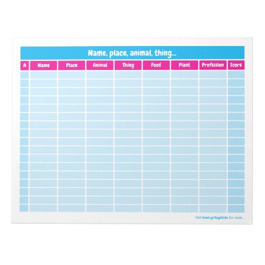 Name, Ort, Tier, Wortspiel Notizblock (Vorderseite)