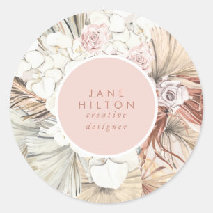 Name Pampas Grass Floral Company Boho Pink Runder Aufkleber