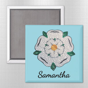 Name, Paper Quill Yorkshire White Rose 2-in Blue Magnet