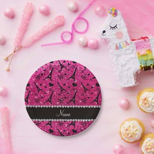 Name paris eiffel turm neon hot pink Glitzer Pappteller (Party)