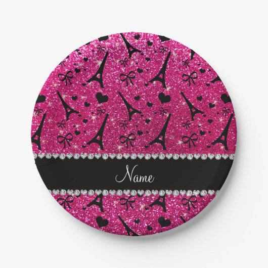 Name paris eiffel turm neon hot pink Glitzer Pappteller (Vorderseite)