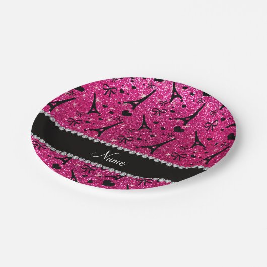 Name paris eiffel turm neon hot pink Glitzer Pappteller (Schrägansicht)
