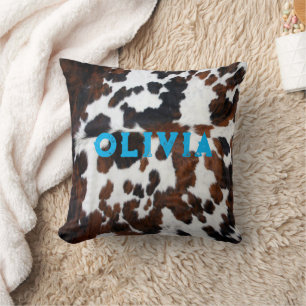 Name Patchwork Cowhide Print Western Rustic Blue Kissen