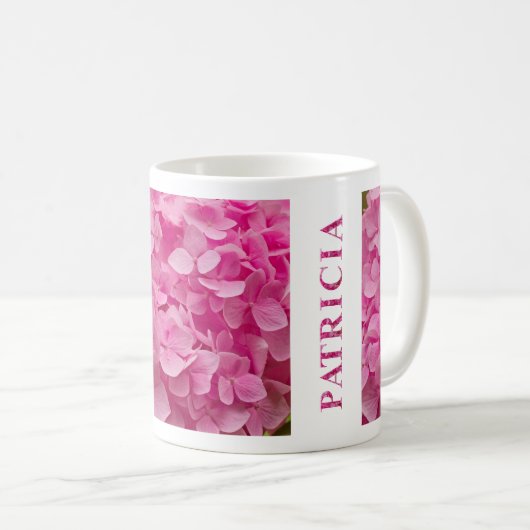 Name "Patricia" und Blume "Pink Spring Hydrangea" Kaffeetasse (VorderseiteRechts)
