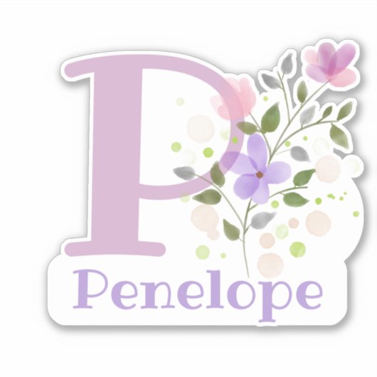 Name Penelope plus Initial mit Blumendesign Aufkleber (Vorderseite)