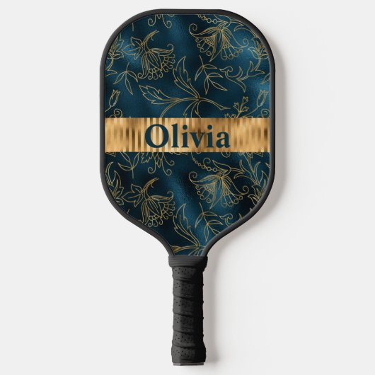 Name Personalisiert Blue Gold Floral Pickleball Schläger (Vorderseite)