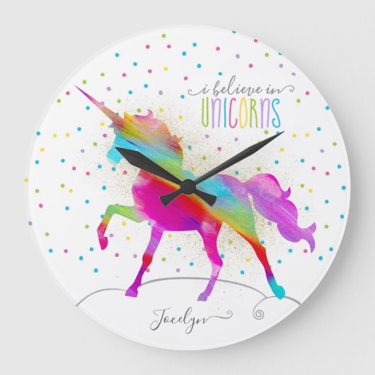 Name Personalisiert Rainbow Unicorn Gold Glitzer h Große Wanduhr (Vorderseite)
