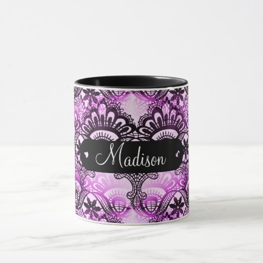 Name-personalisierter lila Spitze-Damast Tasse (Zentrum)