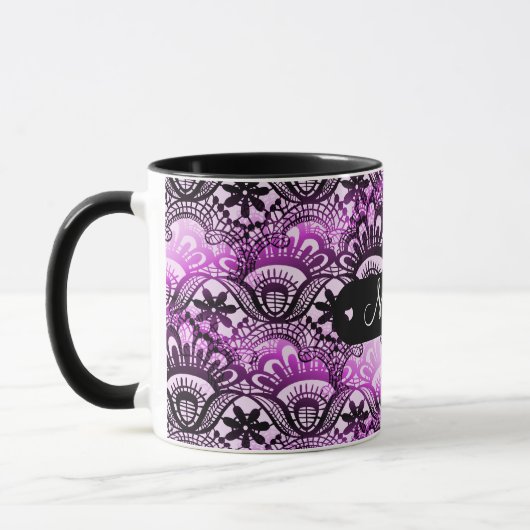Name-personalisierter lila Spitze-Damast Tasse (Links)