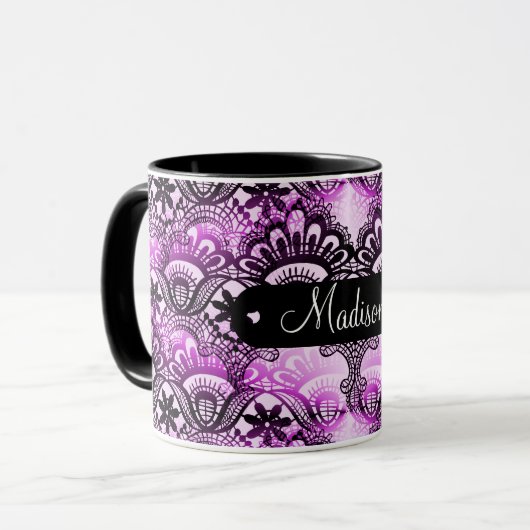 Name-personalisierter lila Spitze-Damast Tasse (Vorderseite Links)
