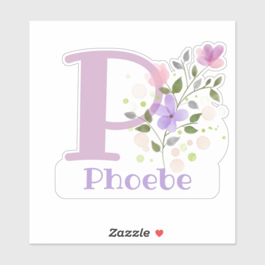 Name Phoebe & Initial mit Blumendesign Aufkleber (Blatt)