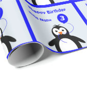 Name Pinguin 3. Geburtstag blau hinzufügen Geschenkpapier (Rolleneckpunkt)