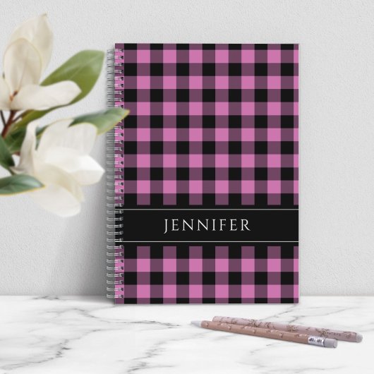 Name Pink & Black Karos Kariert Gingham Muster Notizblock