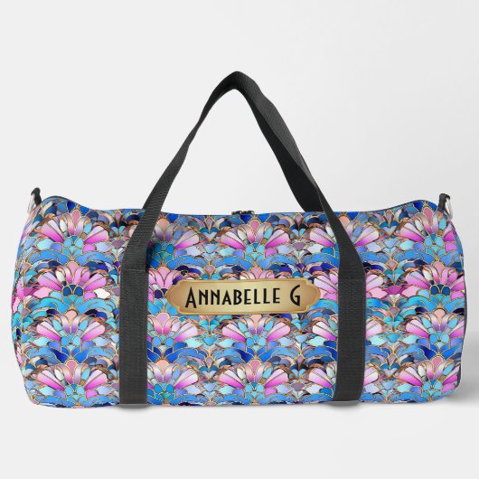 Name Pink Blue Art Deco Abstrakte Blume hinzufügen Duffle Bag (Vorderseite)