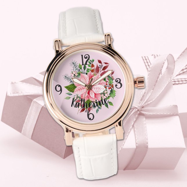 Name, Pink Poinsettia Bouquet White Leather Womans Armbanduhr (Von Creator hochgeladen)