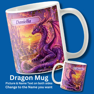 Name Pink Purple Drache bewacht Burg Sonnenunterga Kaffeetasse