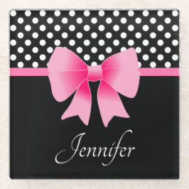 Name Pink Ribbon Black & White Polka Dots Glasuntersetzer