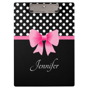 Name Pink Ribbon Black & White Polka Dots Klemmbrett