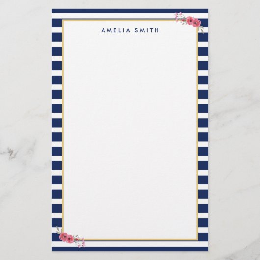 Name Preppy Chic Blue Stripes Rosa Blume Briefpapier (Vorderseite)