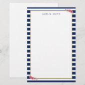 Name Preppy Chic Blue Stripes Rosa Blume Briefpapier (Vorne/Hinten)