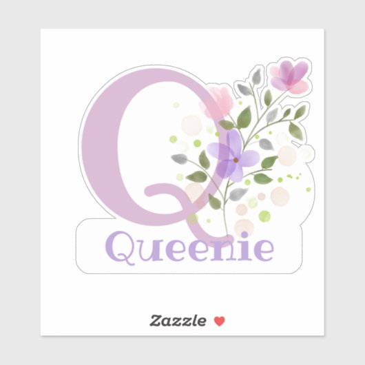 Name Queenie & Initial mit Blumendesign Aufkleber (Blatt)