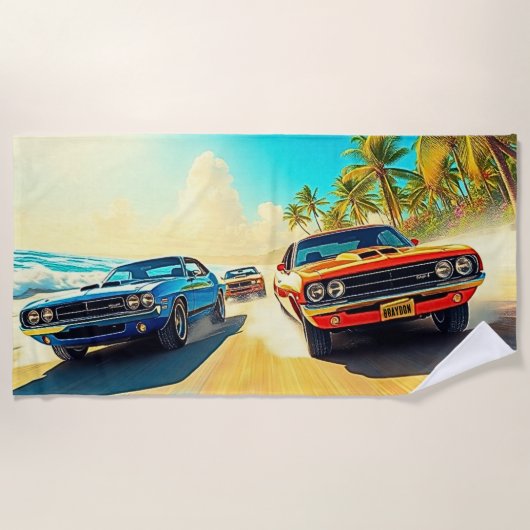 Name, Red & Blue Muscle Cars an der Sandstrand Strandtuch (Vorderseite)