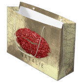 Name Red Metal Kiss Lips Glitzer Champagne Gold Große Geschenktüte (Vorderseite Schrägansicht)