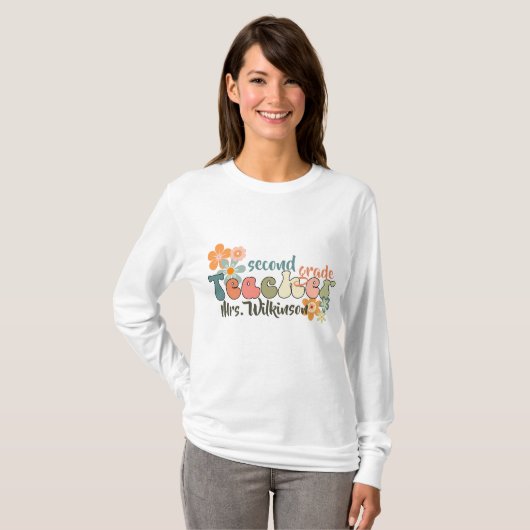 Name Retro Groovy Zurück zur Schule Lehrerin T-Shirt (Vorne ganz)