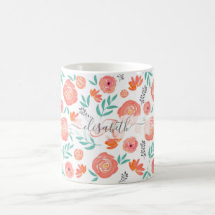 Name + rosa Korallenfarben, Blumenmuster hinzufüg Kaffeetasse