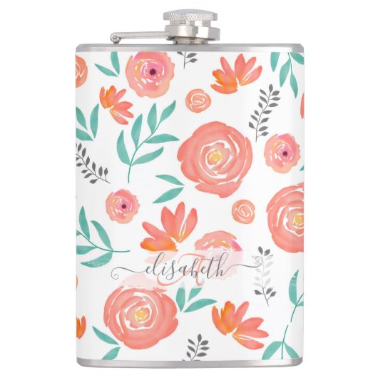 Name + rosa Korallenfarben, Blumenmuster hinzufüge Flachmann (Vorderseite)