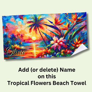 Name Rosa orangefarbene tropische Blume und Palmen Strandtuch