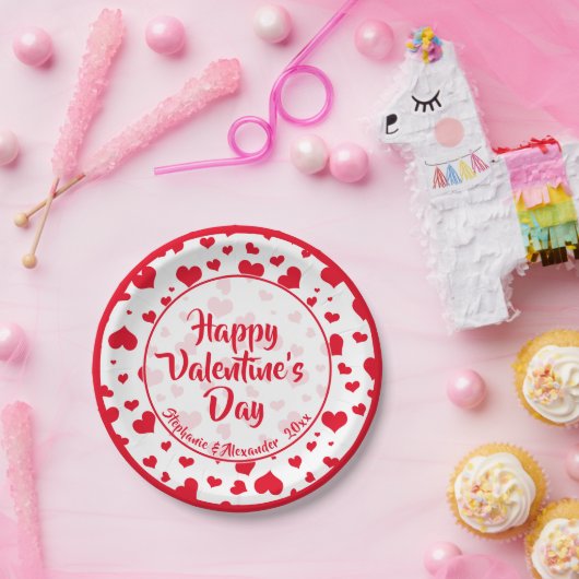 Name| Rote Valentinhörer Random Muster Pappteller (Party)