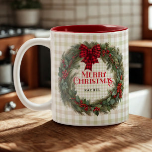 Name Sage Green Gingham Farmhouse Weihnachtsfeier Zweifarbige Tasse