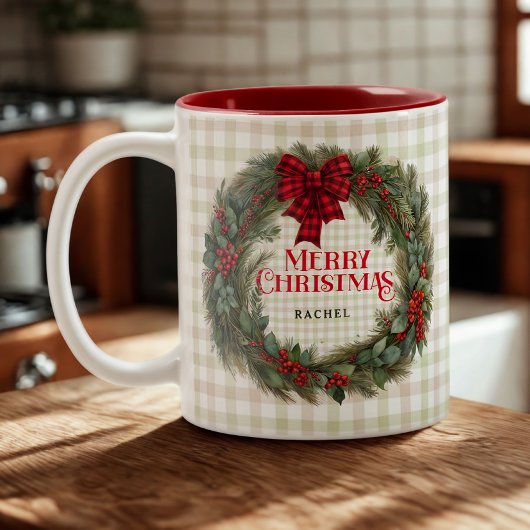 Name Sage Green Gingham Farmhouse Weihnachtsfeier Zweifarbige Tasse