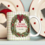 Name Sage Green Gingham Farmhouse Weihnachtsfeier Zweifarbige Tasse