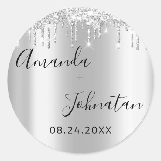 Name Save the Date Black Silver Tropfen Runder Aufkleber (Vorderseite)
