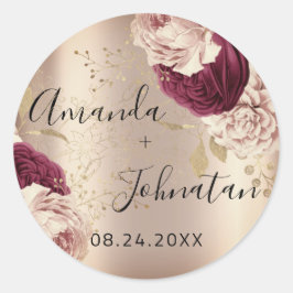 Name Save the Date Gold Pink Roses Florals Runder Aufkleber