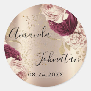 Name Save the Date Gold Pink Roses Florals Runder Aufkleber