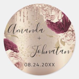 Name Save the Date Gold Tropfen Rose Florals Runder Aufkleber