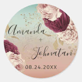 Name Save the Date Rose Gold Florals Blue Runder Aufkleber